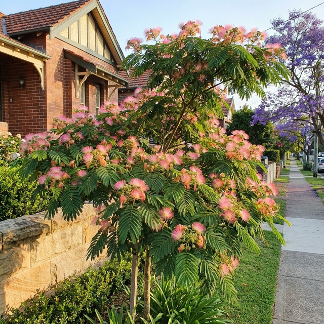 A Persian Silk Tree (Albizia julibrissin ‘Rosea’) with pink silky flowers blooms by the sidewalk in front of brick houses on a sunny day.