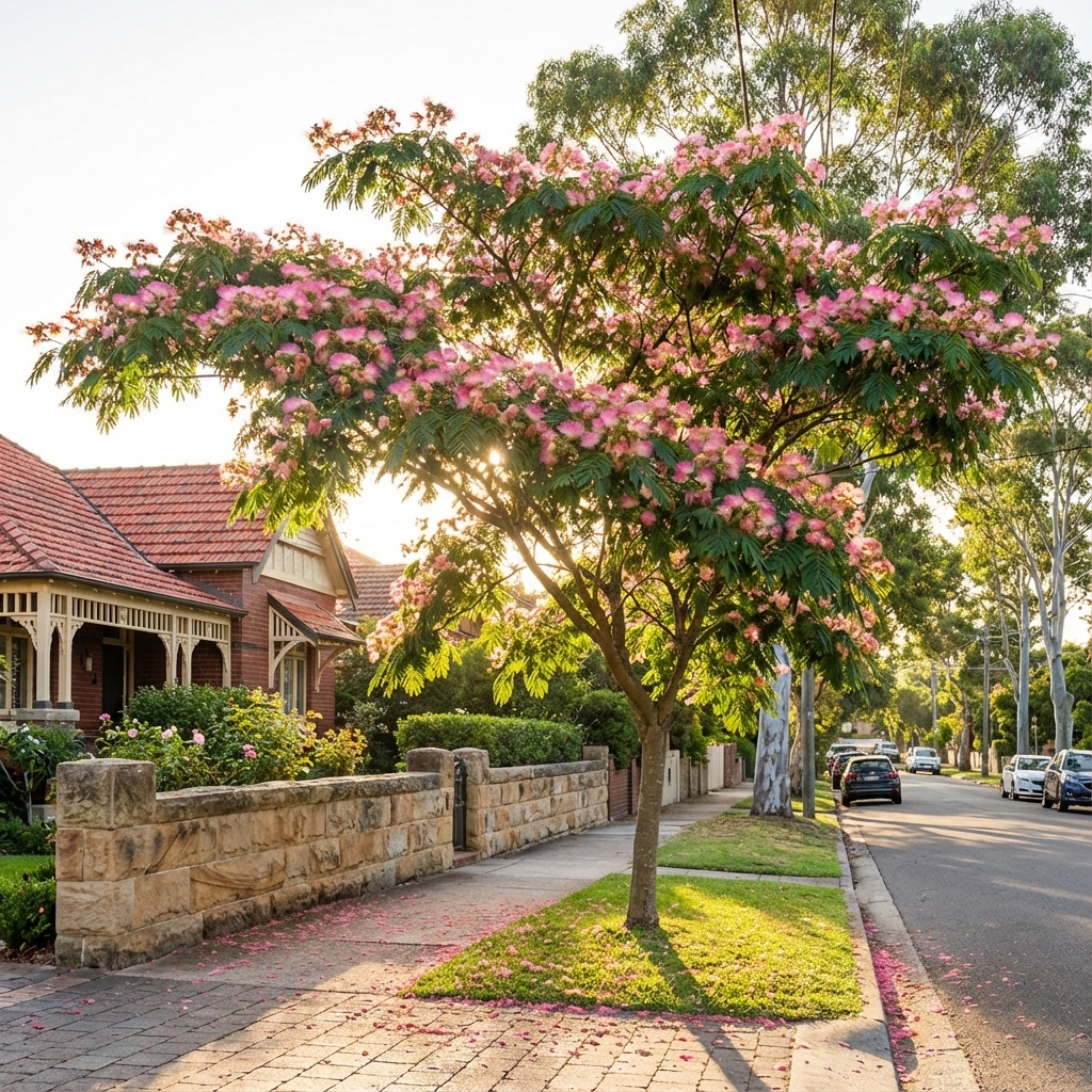 A Persian Silk Tree - Albizia julibrissin ‘Rosea’ with pink, silky blooms grows on a sunny suburban street, set beside brick houses and a stone fence.