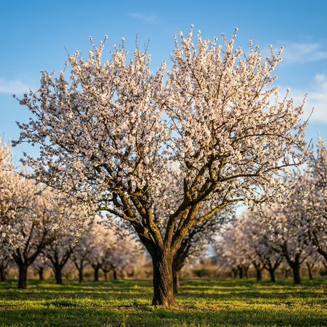 Prunus dulcis - Almond Self-Pollinating trees display beautiful pink-white blooms under blue skies, creating a striking view and ensuring a plentiful homegrown nut harvest in your orchard.