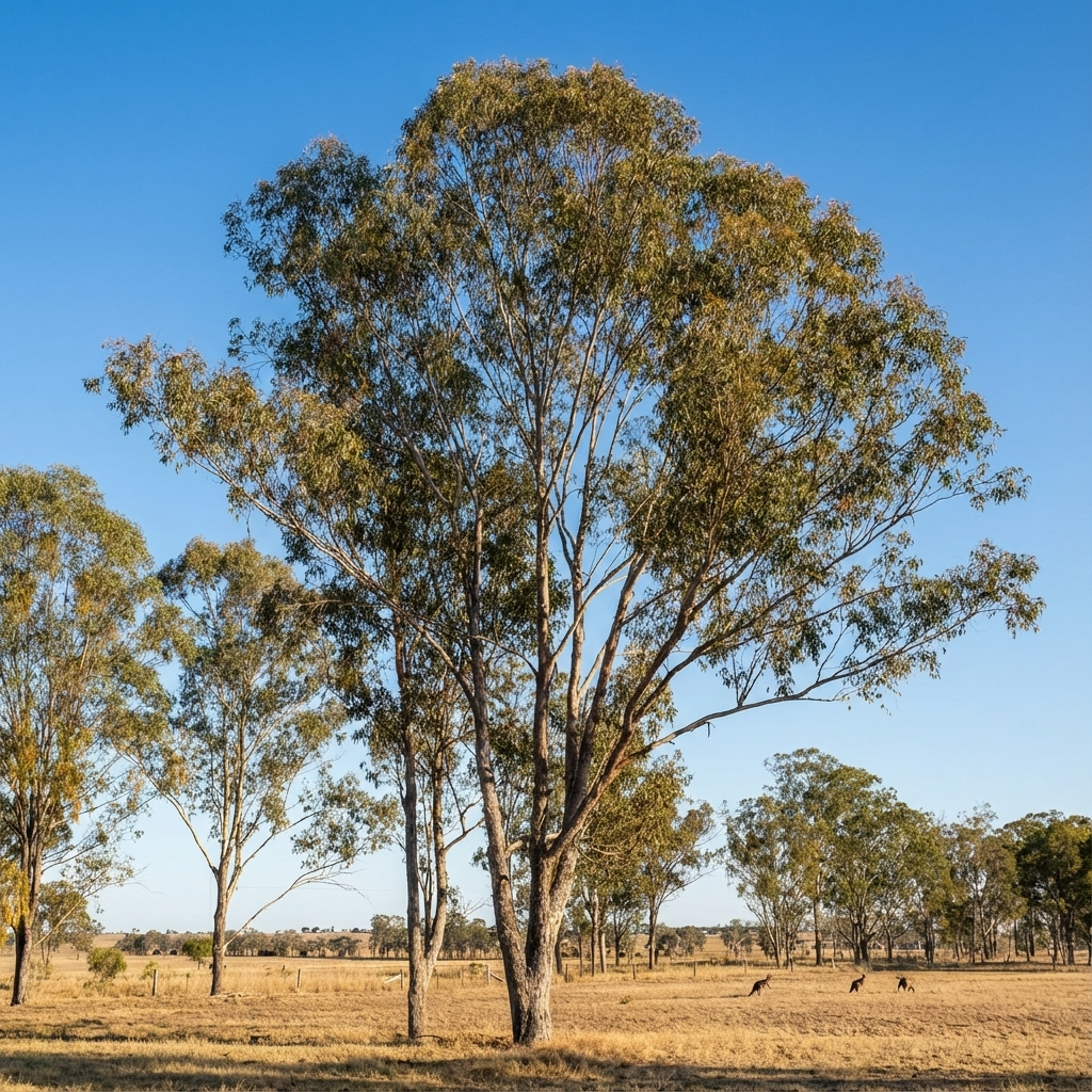 The Grey Box (Eucalyptus moluccana) is a tall Australian native tree, often found in dry, grassy fields with scattered trees under clear blue skies.