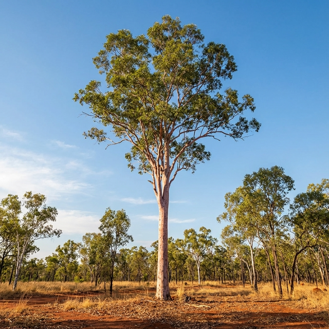 A tall Spotted Gum (Corymbia citriodora subsp. variegata), an iconic Australian tree, stands in a dry grassy landscape under a clear blue sky.