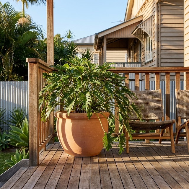 An extra large potted plant in a 45 x 32cm Extra Large Terracotta Pot sits on a wooden porch beside two chairs, with greenery and houses in the background.
