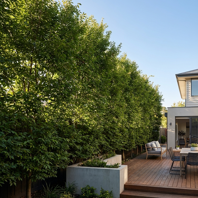 A modern backyard patio with wooden decking, outdoor furniture, and a striking Green Vase Zelkova - Zelkova serrata ‘Green Vase’ tree provides shade along the fence.