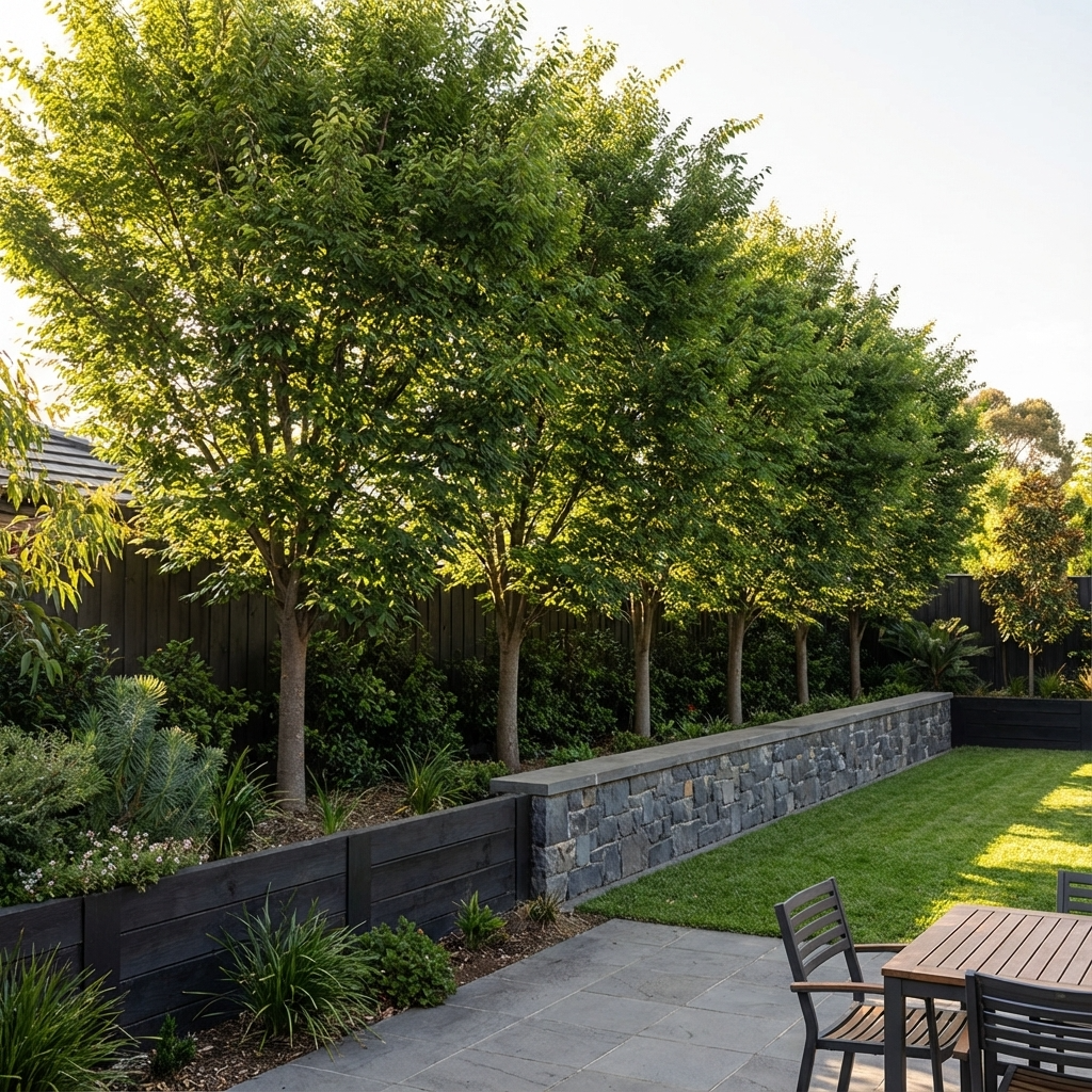 A row of Green Vase Zelkova - Zelkova serrata ‘Green Vase’ trees lines a stone garden wall beside a patio with chairs and a table, providing natural shade.