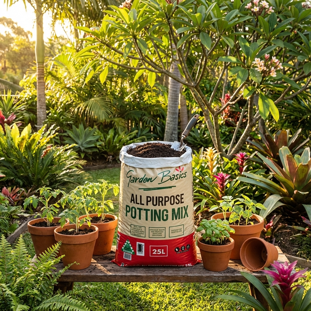 Garden Basics 25L All Purpose Potting Mix and potted plants on a wooden bench in a sunlit garden—ideal for excellent drainage in indoor and outdoor containers.
