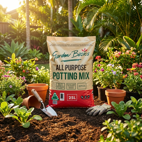 Garden Basics 25L All Purpose Potting Mix—ideal for excellent drainage in indoor and outdoor containers, surrounded by plants, pots, and tools in your garden.