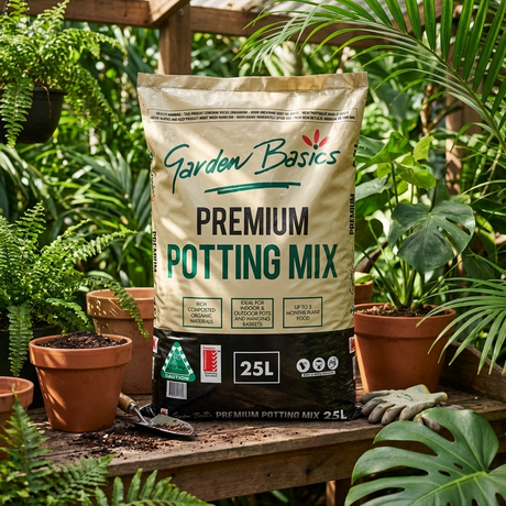 A 25L bag of Garden Basics 25L Premium Potting Mix with controlled release fertiliser sits among potted plants, ideal for indoor and outdoor containers in a lush garden.