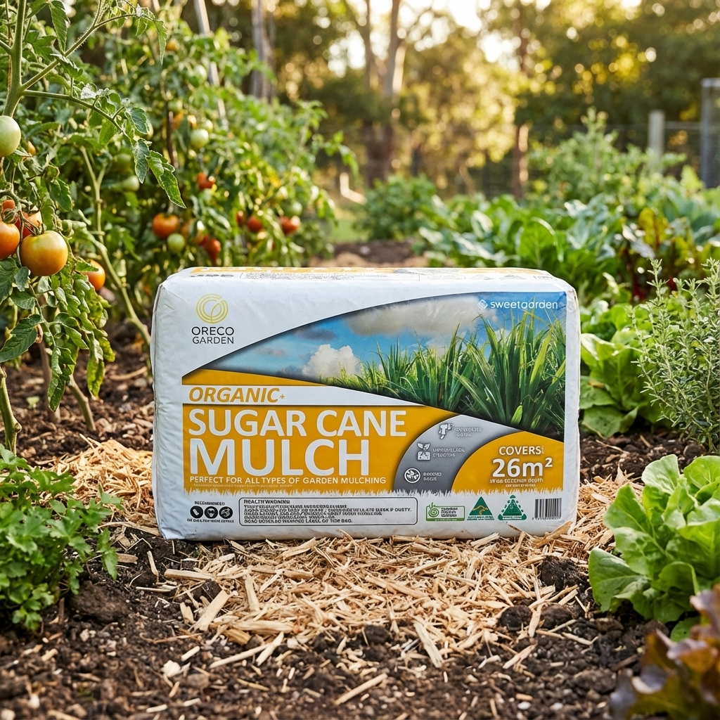 A bag of Scotts Osmocote 25L Garden Soil Premium Planting Mix rests on a garden path, surrounded by vegetable plants flourishing in nutrient-rich soil.