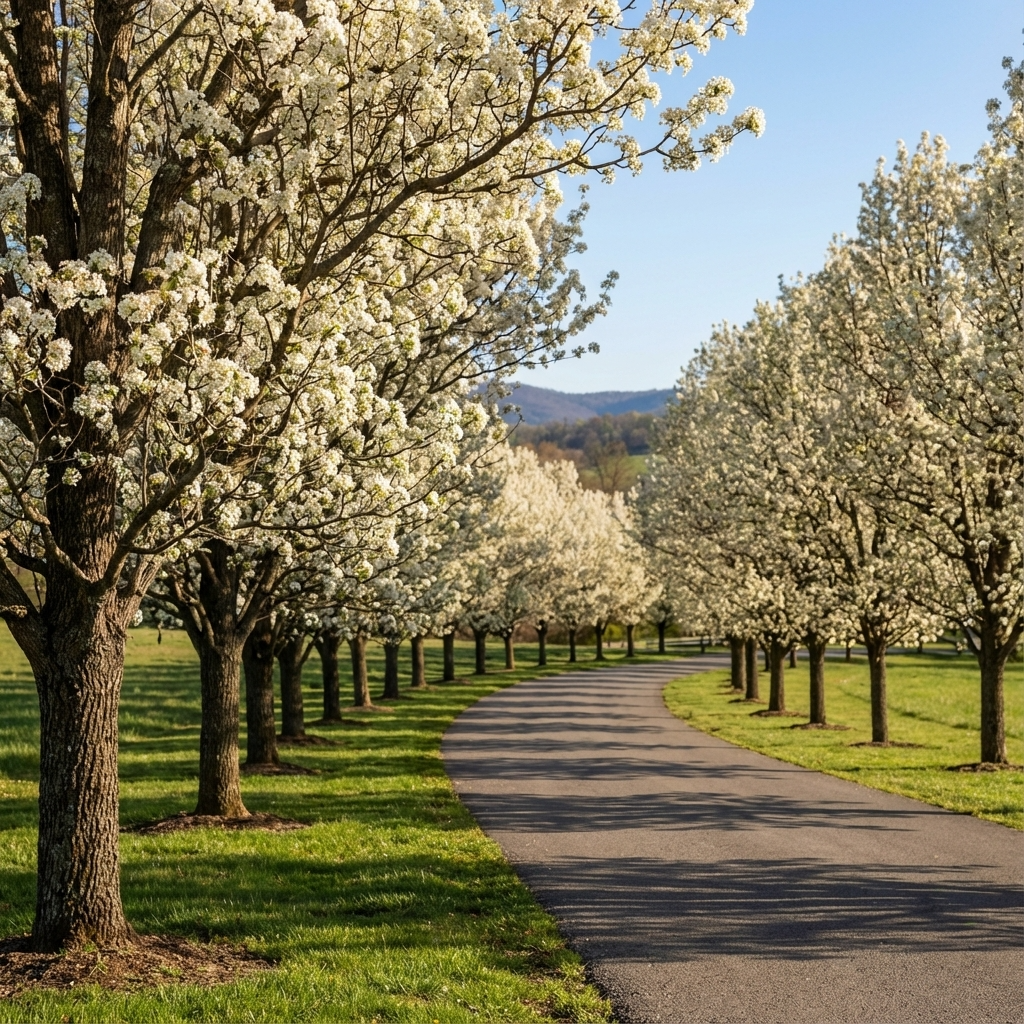 A curved path lined with Manchurian Pear (Pyrus ussuriensis) trees in spring, each feature tree adding bursts of white blossoms on a sunny day.