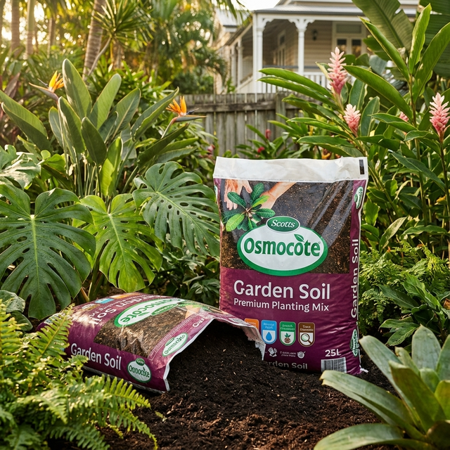 Two bags of Scotts Osmocote 25L Garden Soil Premium Planting Mix in a lush garden with tropical plants and a house in the background—ideal for rejuvenating soil.