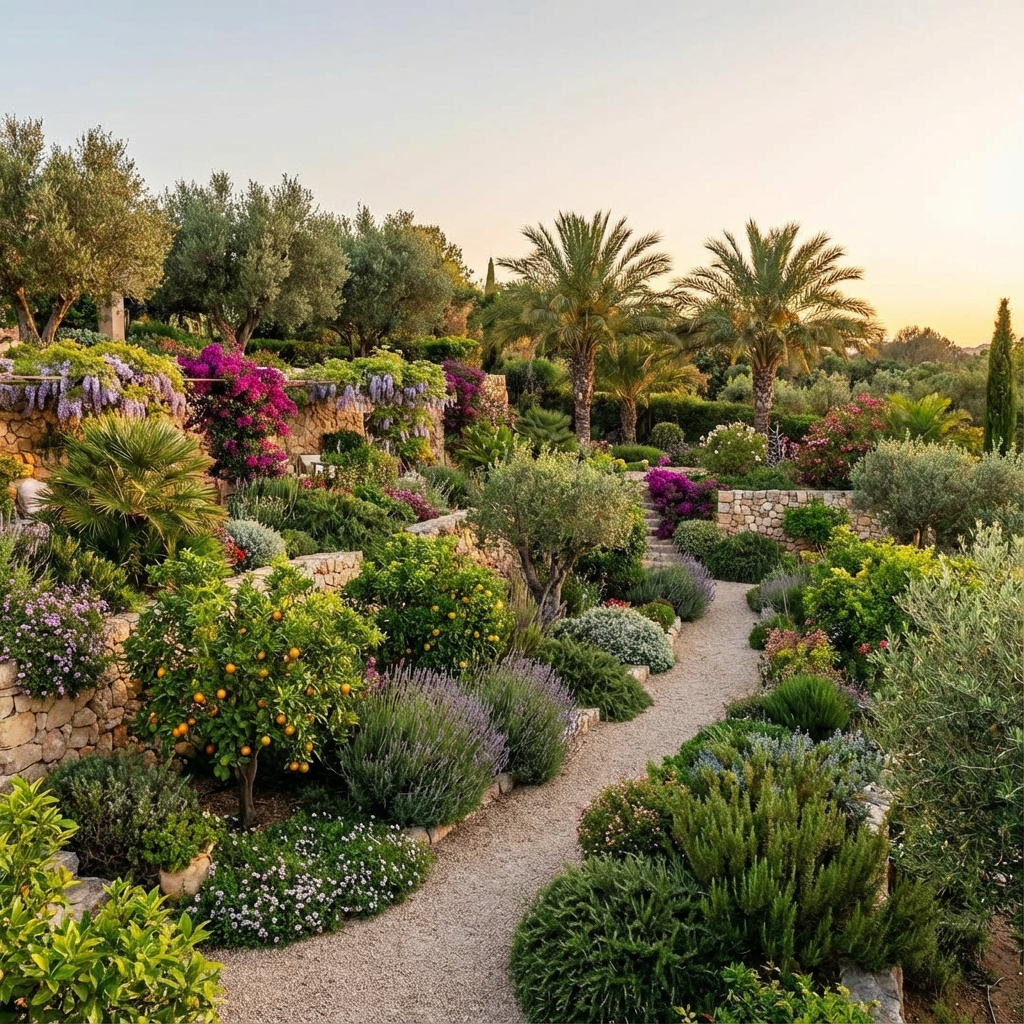 A Mediterranean garden at sunset with stone paths, palm trees, and colorful flowering plants.