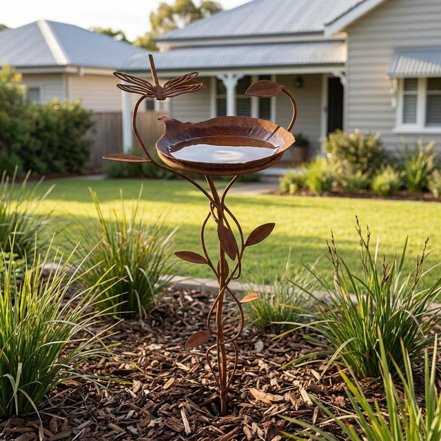 Dragonfly Rusted Steel Bird Bath Garden Stake