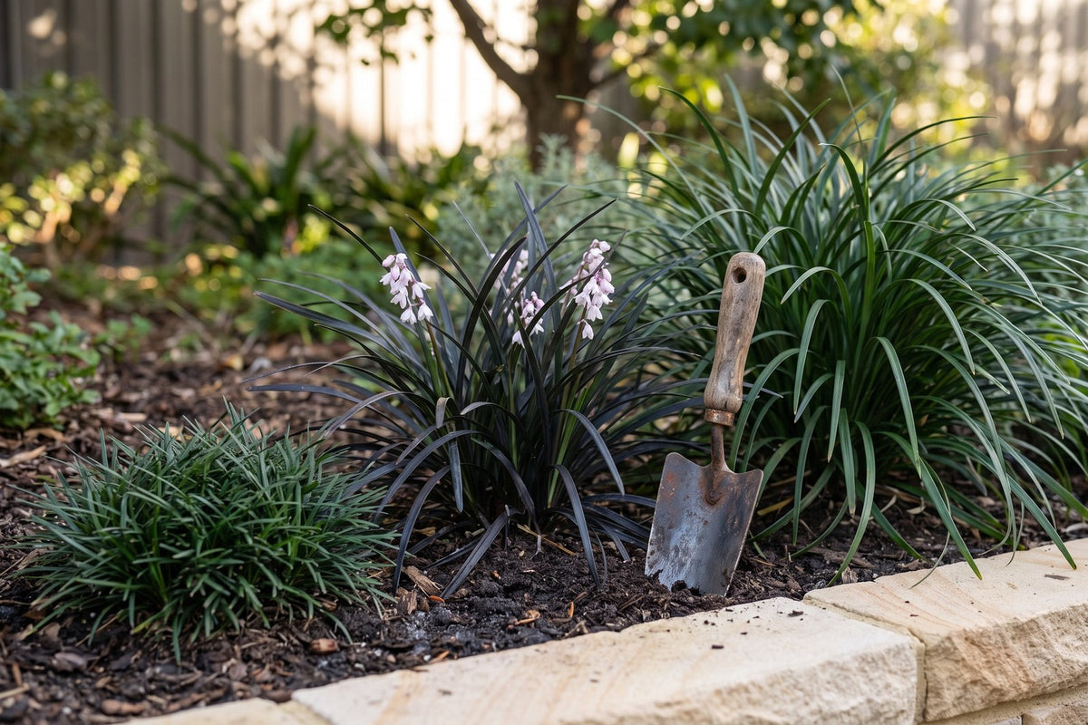 Dwarf, black and standard mondo grass side by side showing their different heights