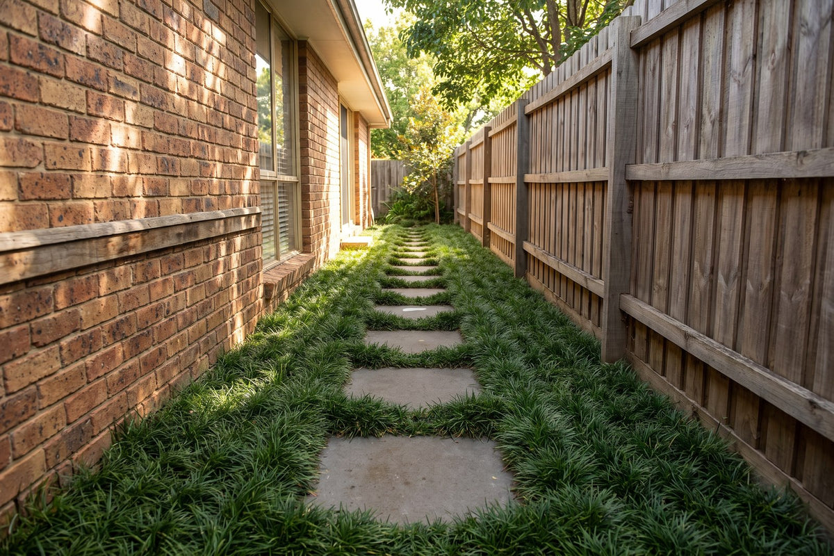 Dwarf mondo grass forming a dark green mat around pavers in a shaded side path