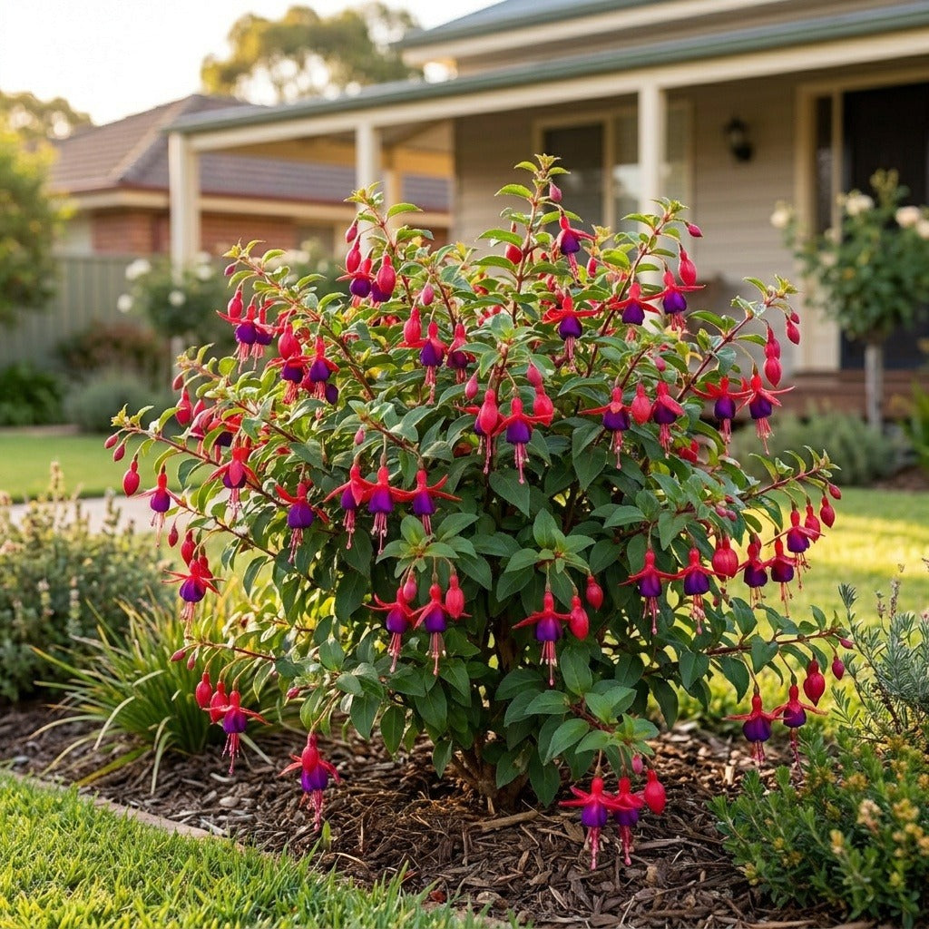 Electric Lights Fuchsia (Fuchsia x hybrida 'Electric Lights') growing in a mulched garden bed in front of an Australian home
