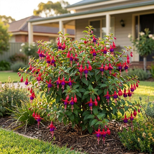 Electric Lights Fuchsia (Fuchsia x hybrida 'Electric Lights') growing in a mulched garden bed in front of an Australian home