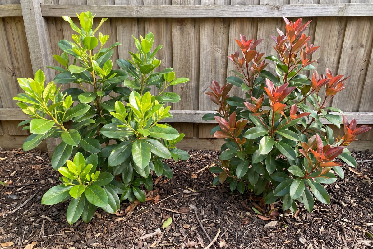 Emerald Lustre viburnum with lime-green tips beside Coppertop with copper-red tips