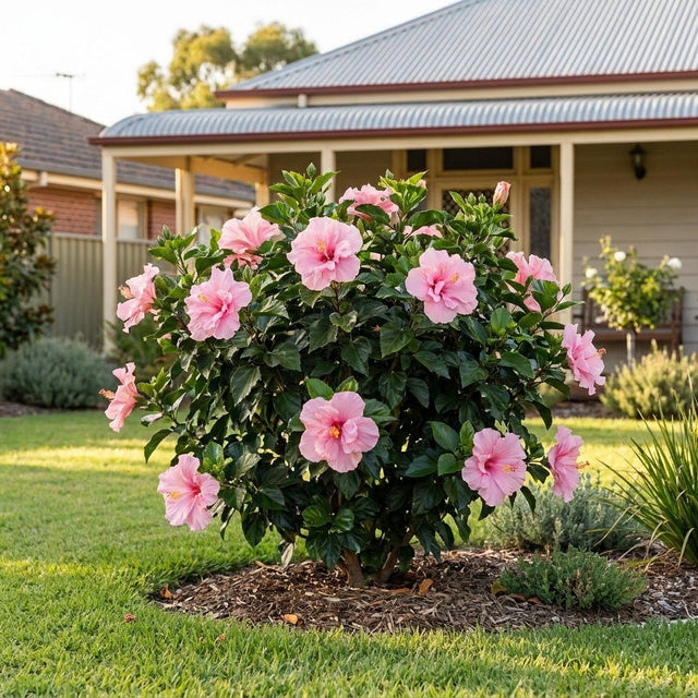Enid Lewis Hibiscus (Hibiscus rosa-sinensis 'Enid Lewis') growing in a mulched garden bed in front of an Australian home