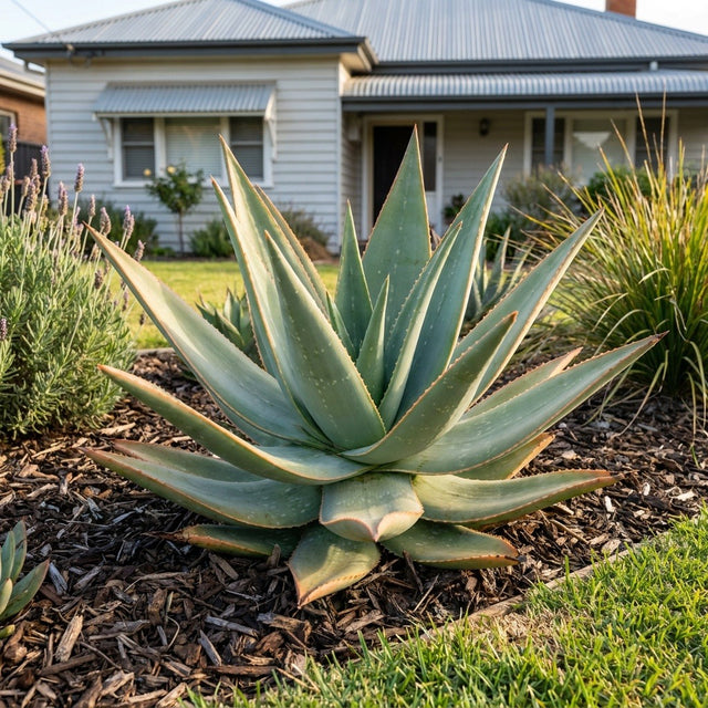 Escapade Aloe (Aloe hybrid 'Escapade') growing in a mulched garden bed in front of an Australian home
