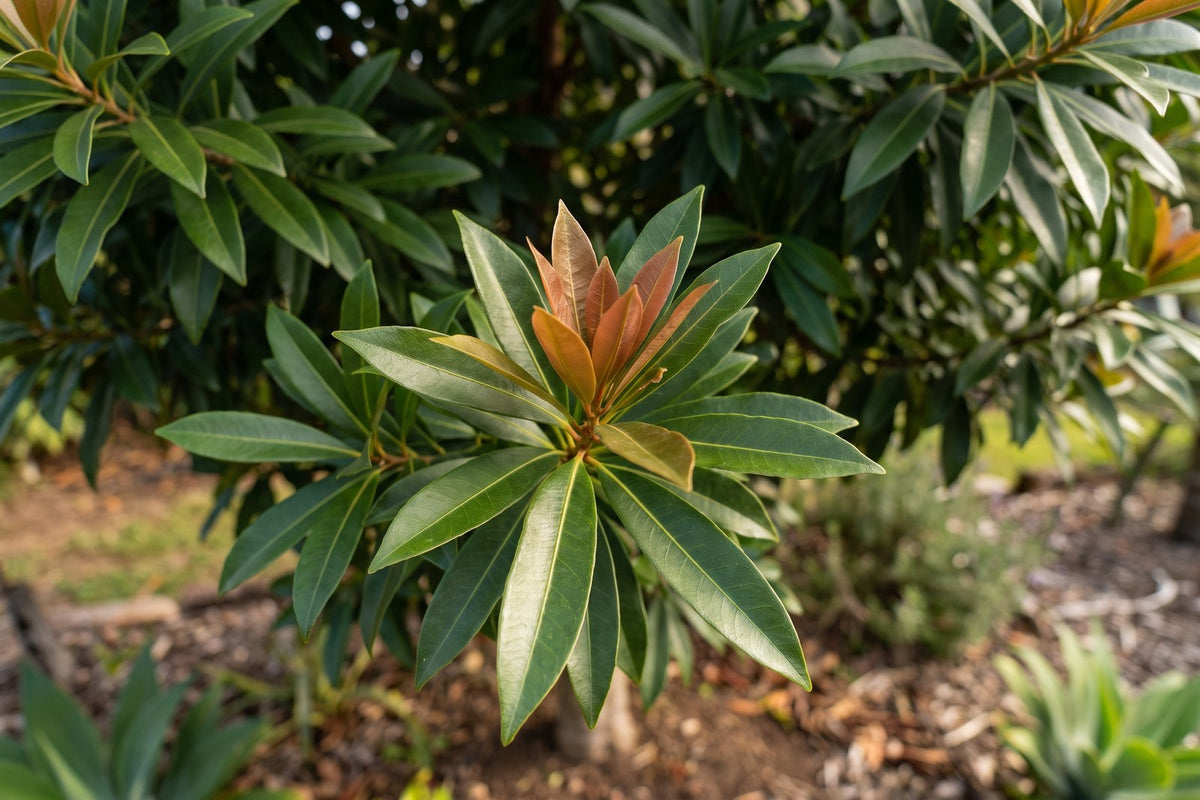 Eumundi quandong branch with glossy dark green leaves and bronze-red new growth