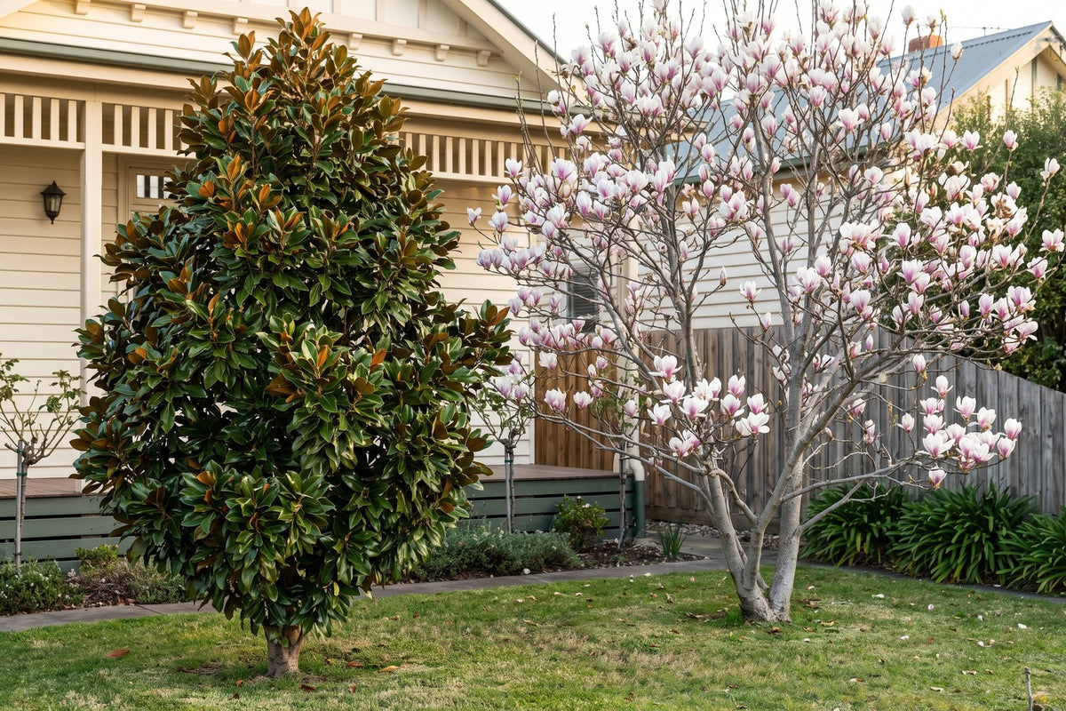 Evergreen Little Gem magnolia in leaf beside a deciduous saucer magnolia flowering on bare branches