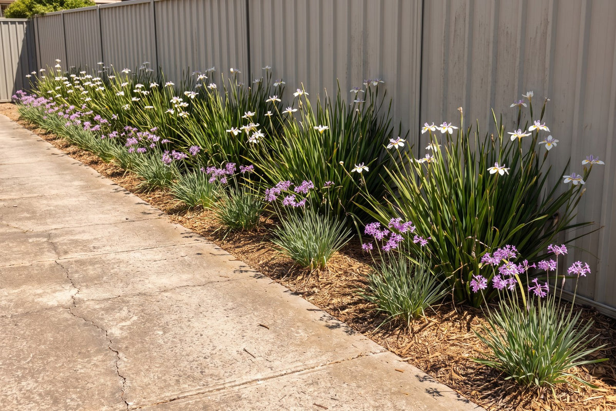 Fairy iris and mauve society garlic flowering in a dry sunny strip beside a driveway