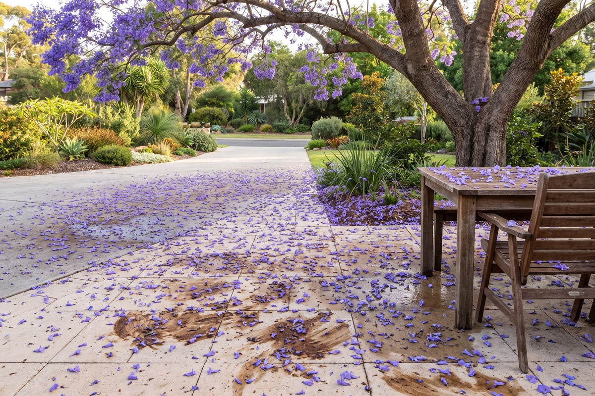 Fallen jacaranda flowers crushed and staining a paved entertaining area and driveway