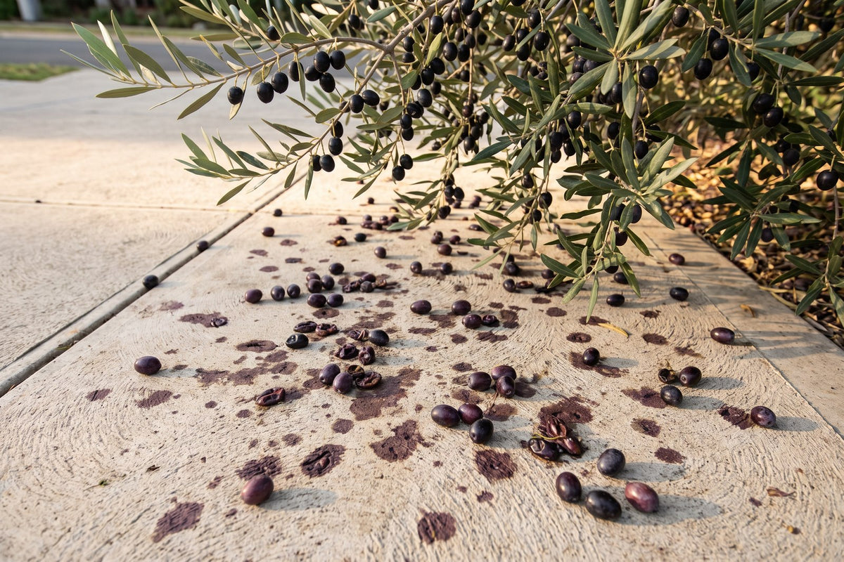 Fallen ripe olives staining pale concrete paving under a fruiting olive tree