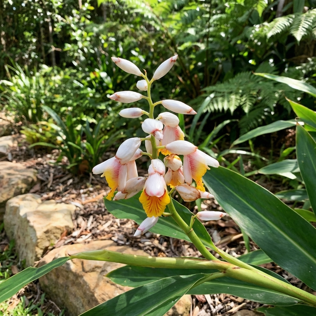 Clusters of white and yellow flowers bloom amid green leaves, filling the garden with fragrance and making False Cardamom (Alpinia nutans) a standout tropical plant.