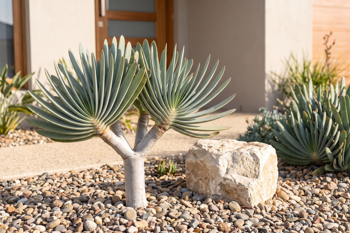 Fan aloe with flat fans of grey-blue strap leaves on a forked trunk in a gravel garden