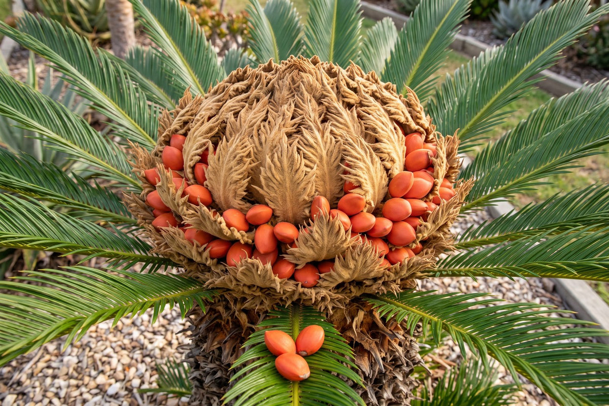 Female sago palm seed cone holding bright orange-red seeds in the centre of the crown