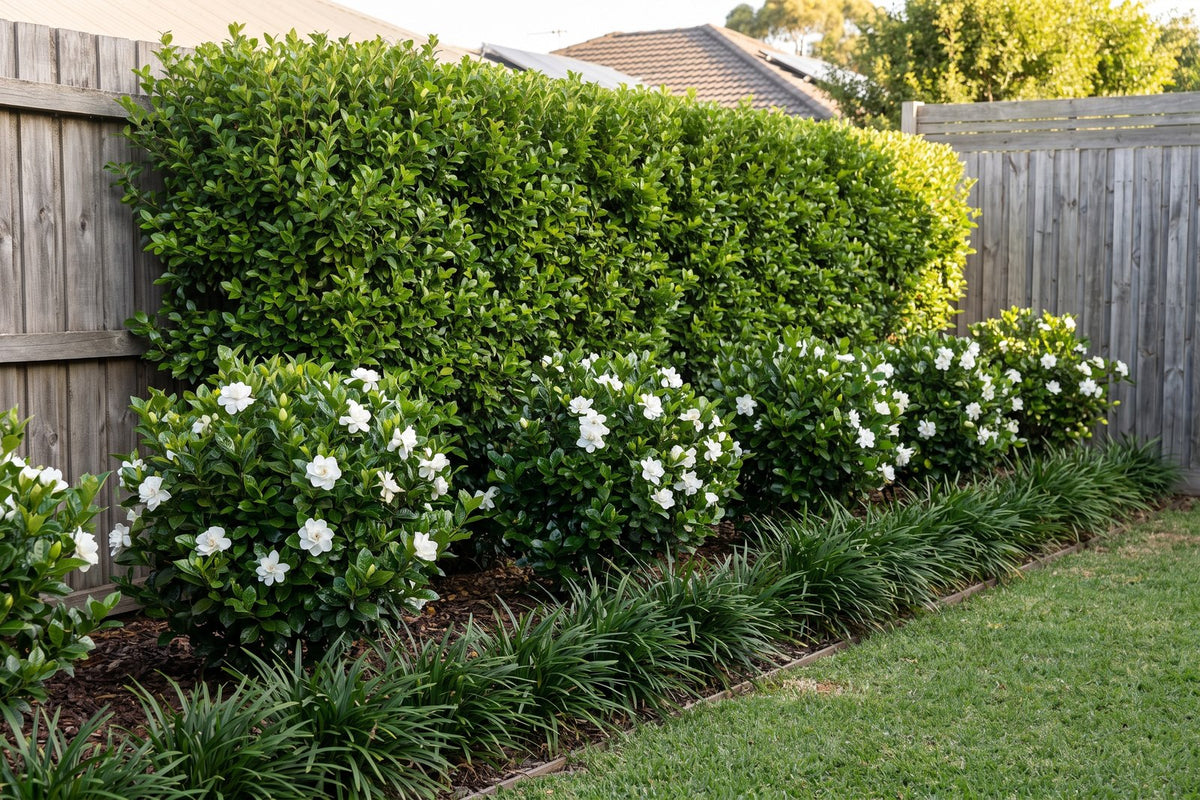 Fence line planted in three layers: lilly pilly hedge, gardenias in flower and a liriope border