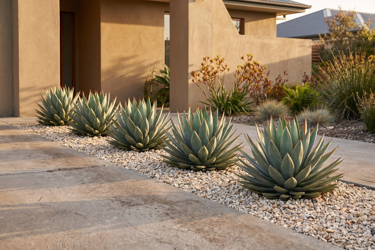 Five Blue Glow agaves repeated in an even row in gravel along a driveway