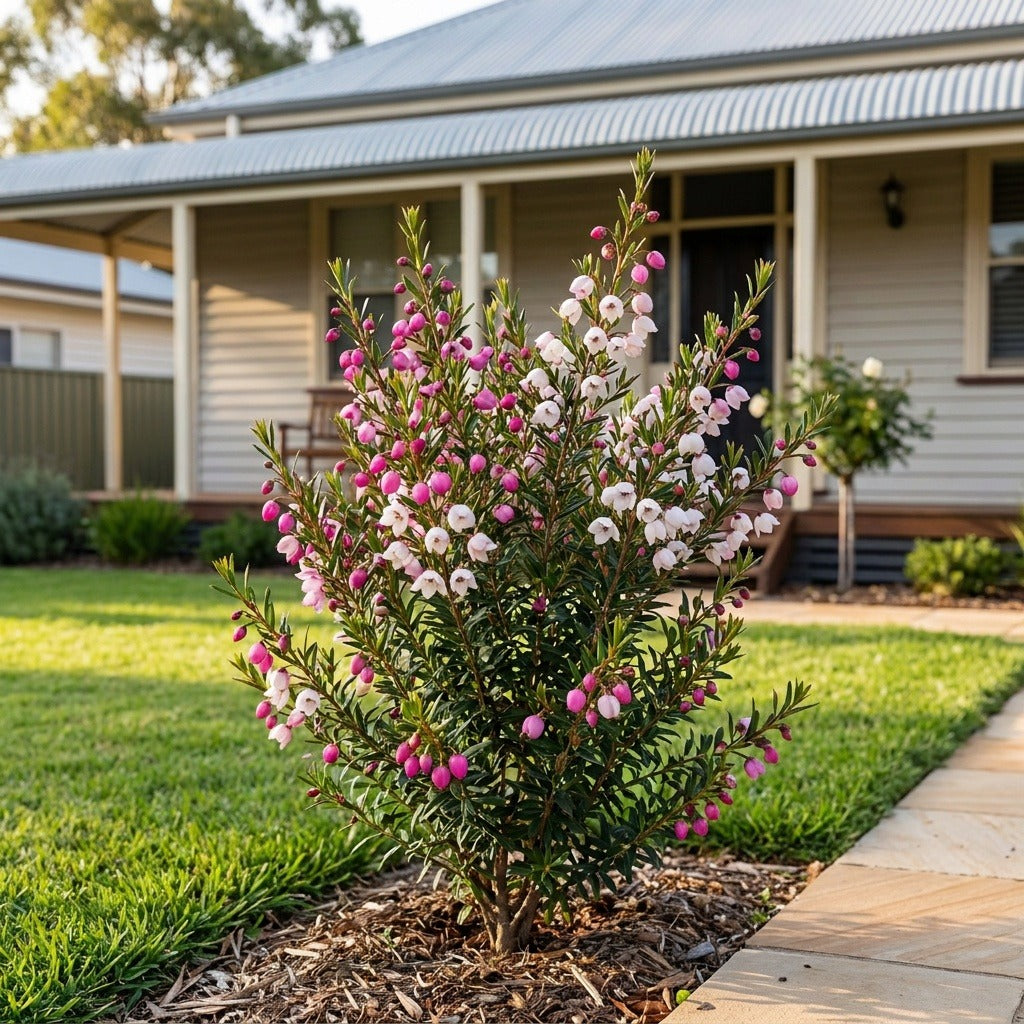 Flamingo Boronia (Boronia hybrid 'Flamingo') growing in a mulched garden bed in front of an Australian home