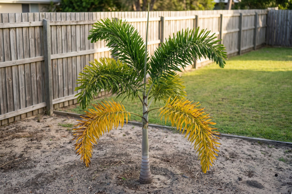 Foxtail palm with yellow older lower fronds and healthy green new fronds