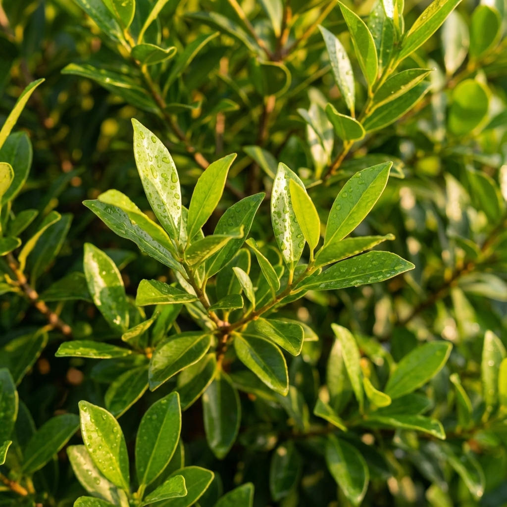 Green leaves with water droplets in sunlight create a fresh, vibrant natural background—ideal for a coastal garden featuring Fraser Island Apple (Acronychia imperforata), an attractive Australian native tree.