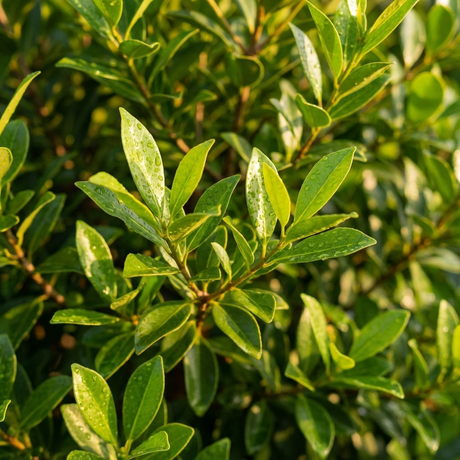 Green leaves with water droplets in sunlight create a fresh, vibrant natural background—ideal for a coastal garden featuring Fraser Island Apple (Acronychia imperforata), an attractive Australian native tree.