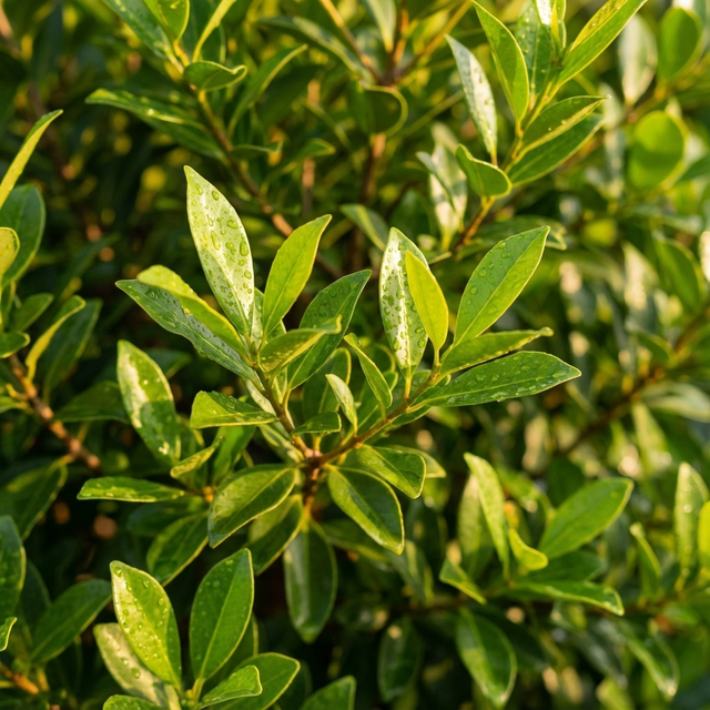 Green leaves with water droplets in sunlight create a fresh, vibrant natural background—ideal for a coastal garden featuring Fraser Island Apple (Acronychia imperforata), an attractive Australian native tree.