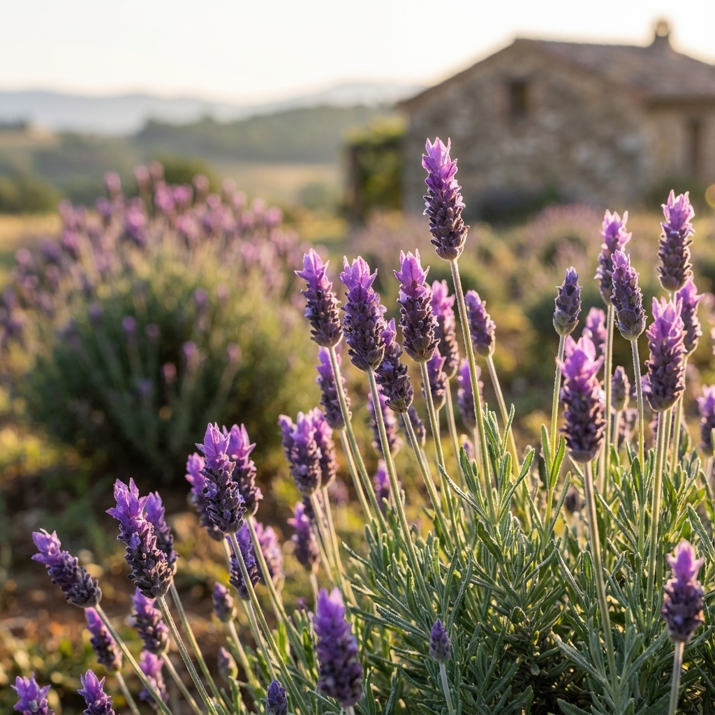 Lavender 'French Revolution' (Lavandula dentata) blooms with fragrant foliage around a rustic stone house, set against rolling hills at sunset.