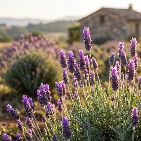 Lavender 'French Revolution' (Lavandula dentata) blooms with fragrant foliage around a rustic stone house, set against rolling hills at sunset.