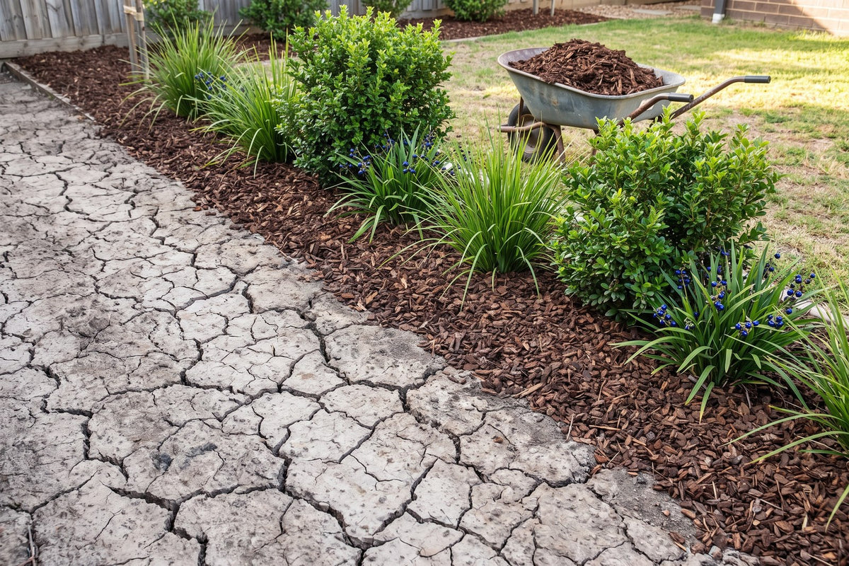 Garden bed with bare cracked clay at one end and mulched clay planted with lomandra and dianella at the other