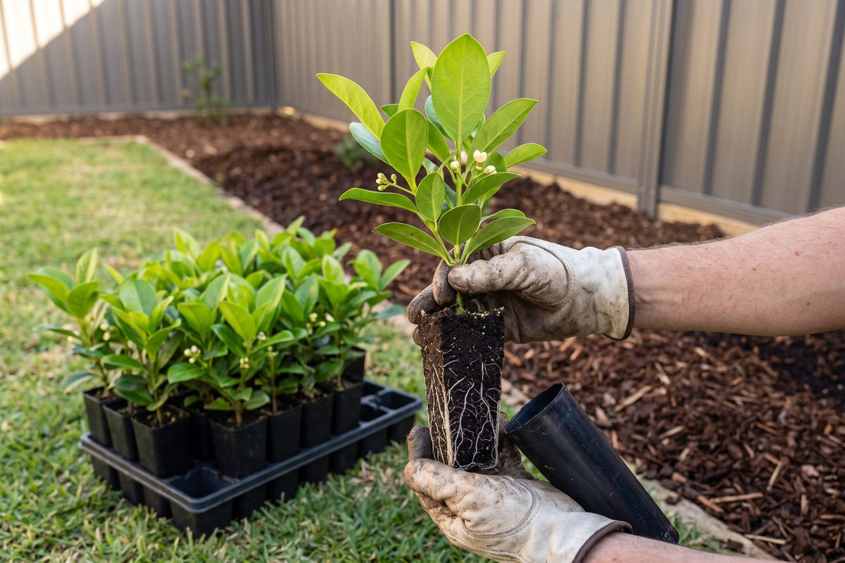 Gloved hand holding a sweet viburnum tubestock plant showing its slim root plug, with a tray of tubes behind