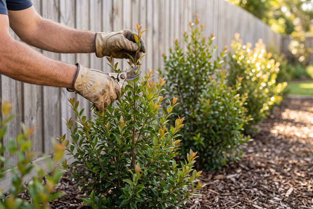 Gloved hand tip pruning the leading shoot of a young lilly pilly screening plant with secateurs