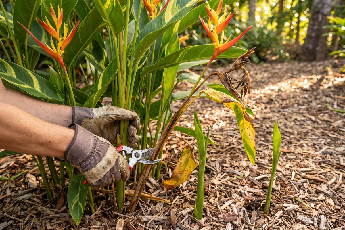 Gloved hands cutting a spent heliconia stem at ground level beside fresh flowering stems and new shoots