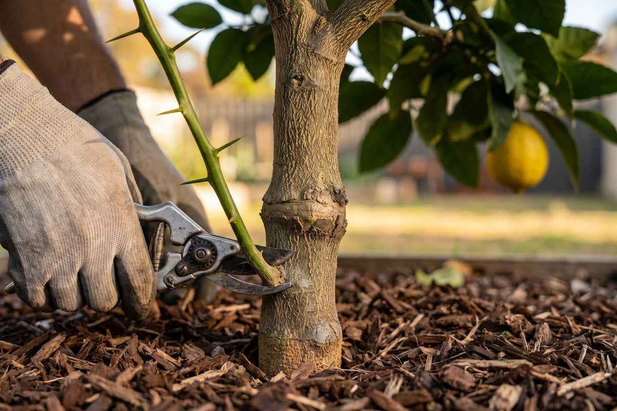 Gloved hands cutting a thorny shoot from below the graft on a lemon tree trunk