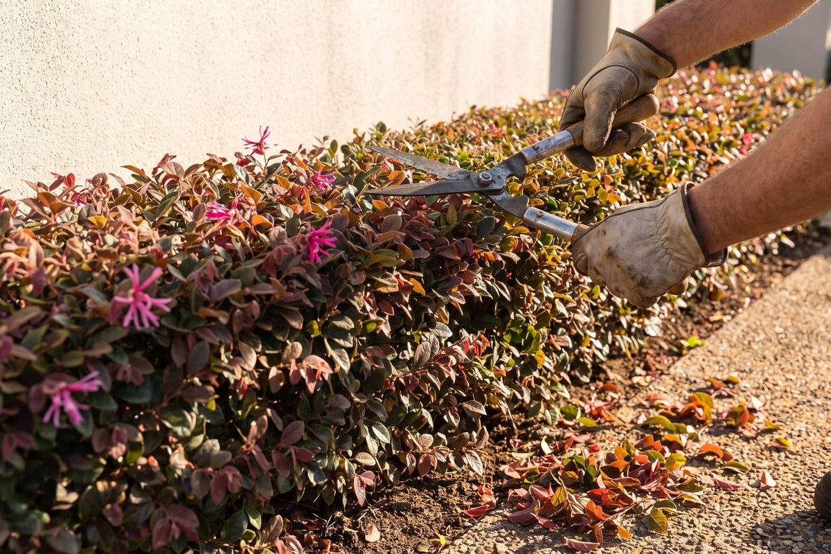 Gloved hands shearing a low Razzleberri loropetalum hedge as its last pink spring flowers fade
