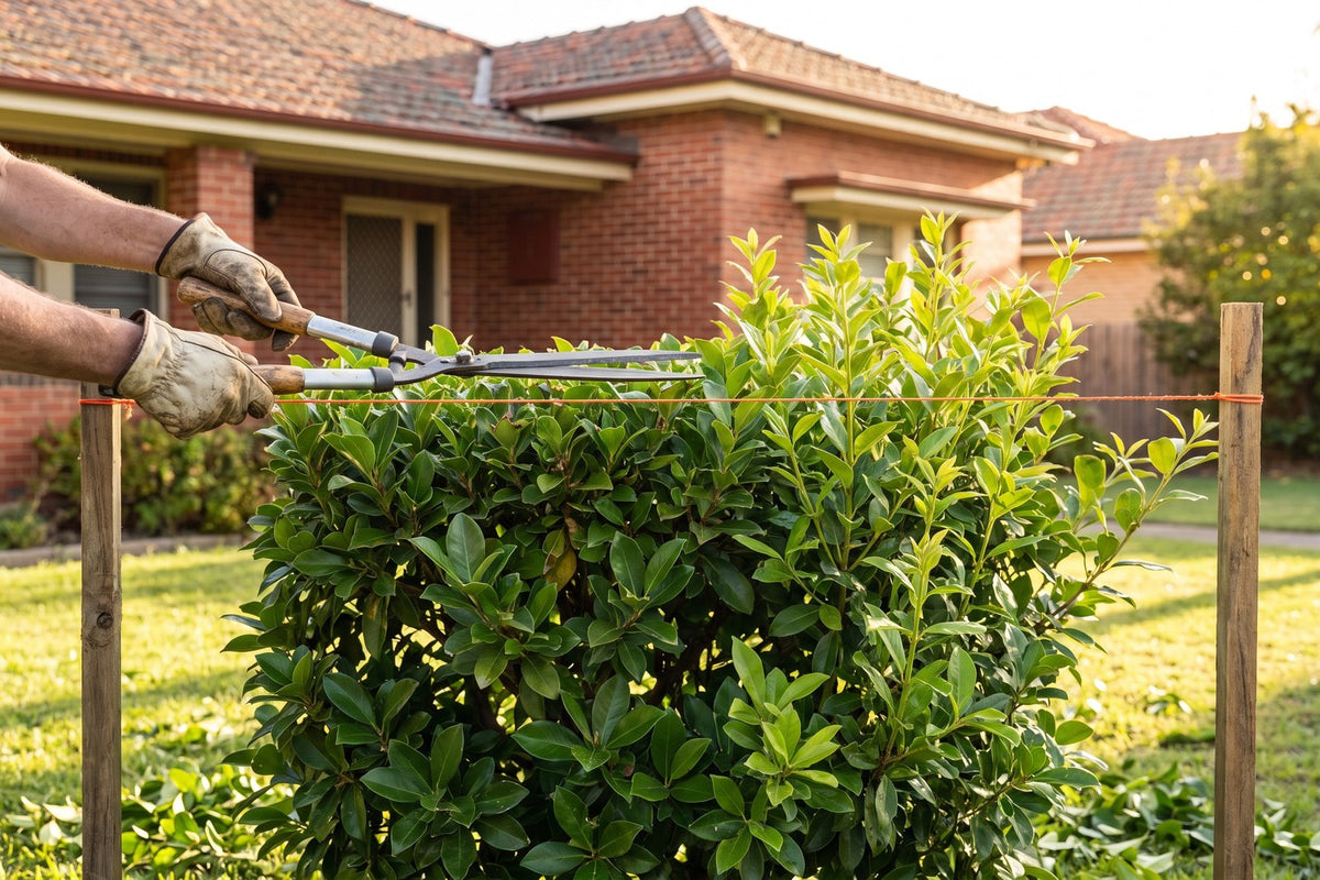 Gloved hands trimming the top of a viburnum hedge with shears along a taut string line