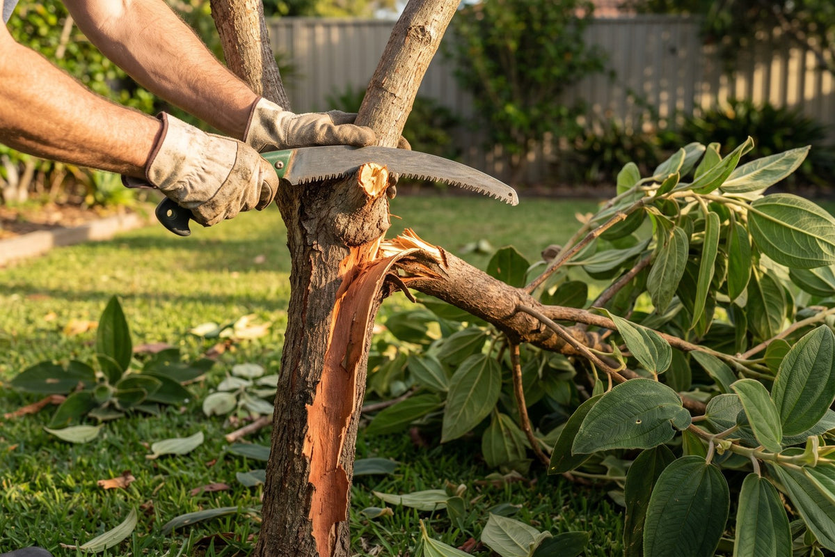 Gloved hands with a pruning saw at a torn, splintered branch stub on a storm-damaged tree