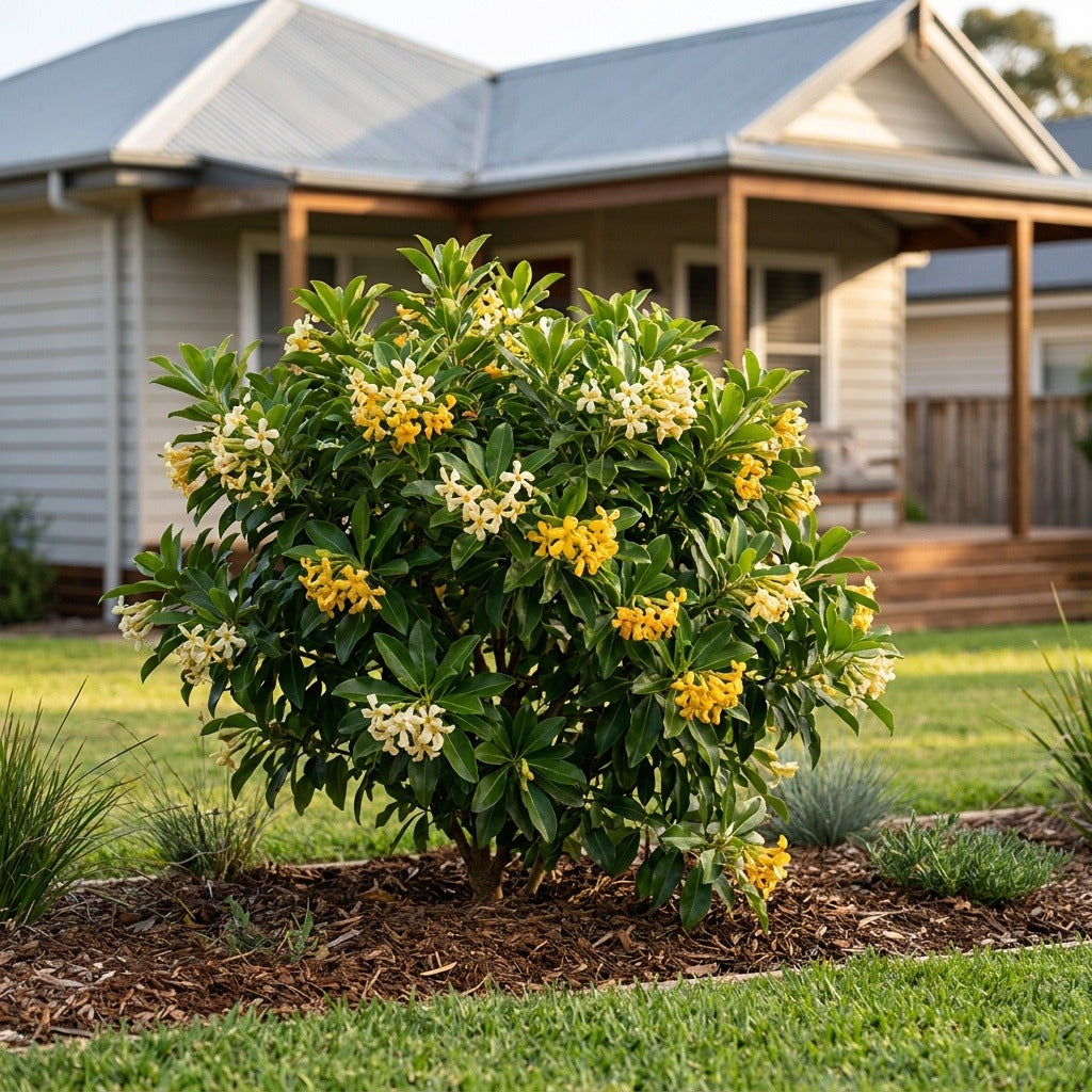 Gold Nugget Dwarf Native Frangipani (Hymenosporum flavum 'Gold Nugget') growing in a mulched garden bed in front of an Australian home