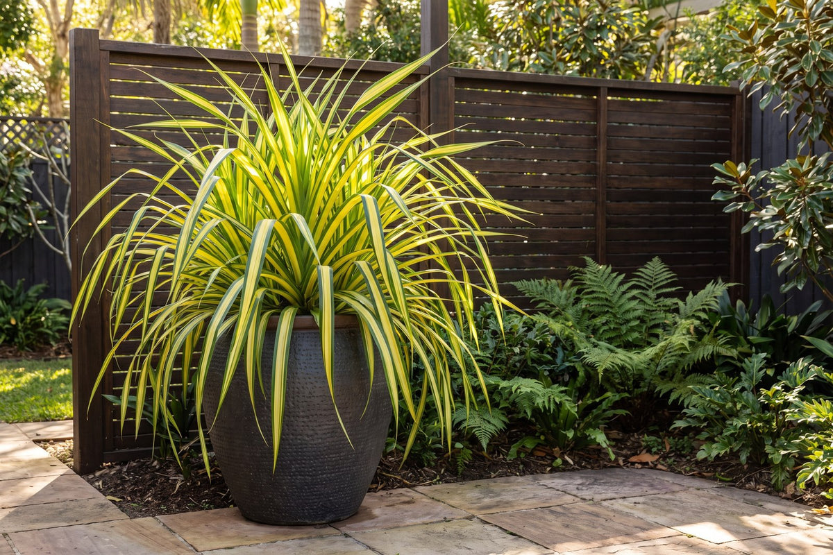 Gold-striped variegated Baptist's pandanus in a large pot beside a path in a shaded courtyard